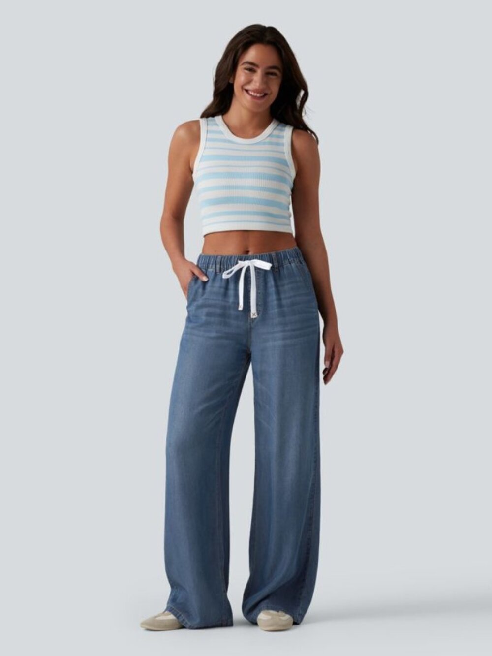 Halara Flex Mid Rise Drawstring Wide Leg Draped Lyocell Jeans Blue XL Regular